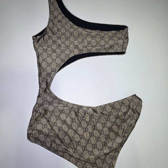 Gucci GG Monogram One-Shoulder Cutout Swimsuit Brown Designer - Picture 1 of 5